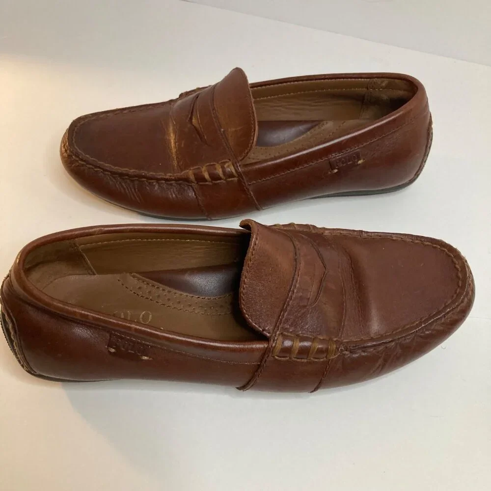 Mens Polo Ralph Lauren‎ Leather Reynold Penny Loafer Driving Shoe Brown 7.5D